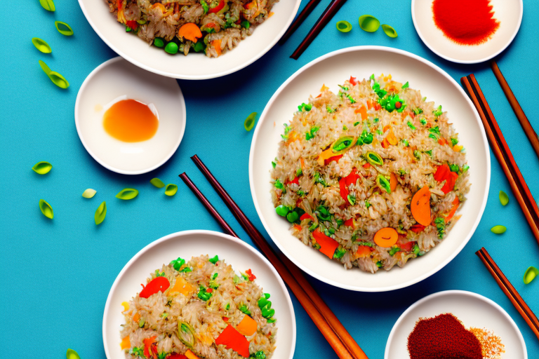 A bowl of steaming fried rice with colorful vegetables and spices
