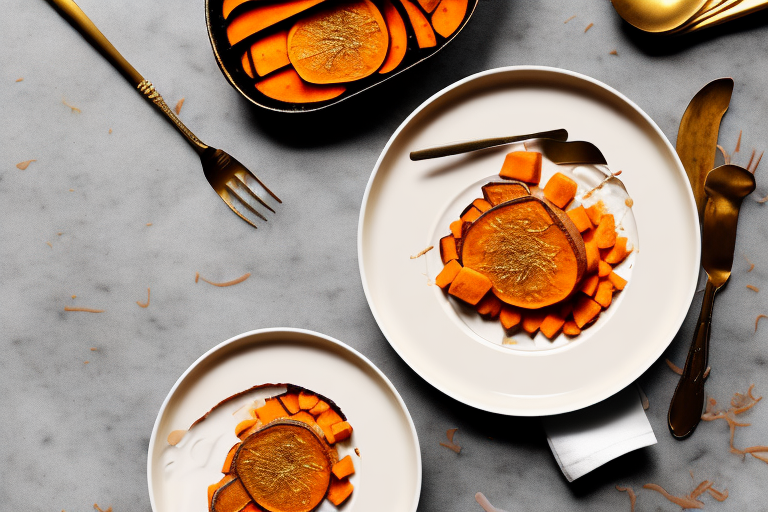 A golden-brown gratin dish filled with sweet potatoes and topped with coconut milk