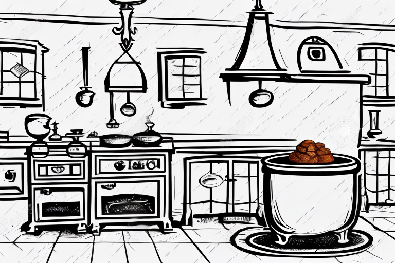 A traditional french kitchen with a pot of civet de lièvre on the stove