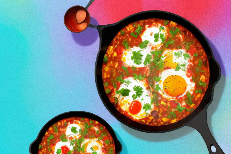 A colorful skillet filled with a vibrant shakshuka dish