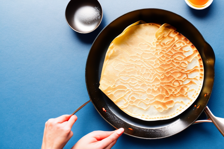 A traditional french crêpe being cooked in a pan over a stove
