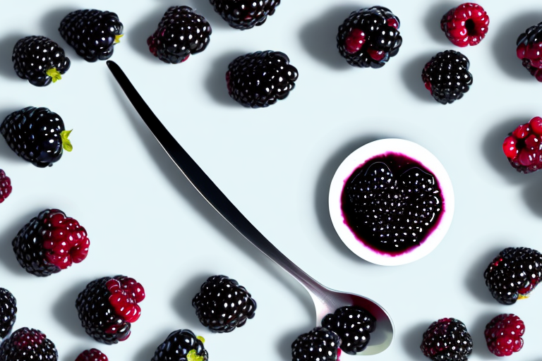 A bowl of freshly-picked blackberries with a spoon of homemade blackberry jelly