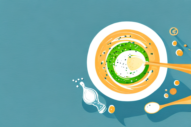 A bowl of champagne-infused soup with a few ingredients floating in it