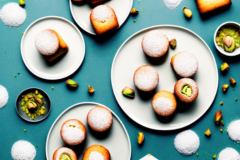 A plate of freshly-baked financiers with a pistachio topping