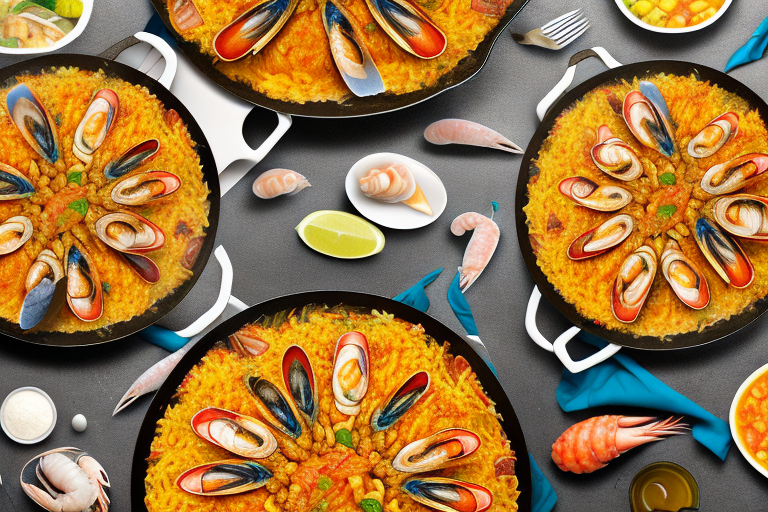 A large pan of paella with traditional ingredients