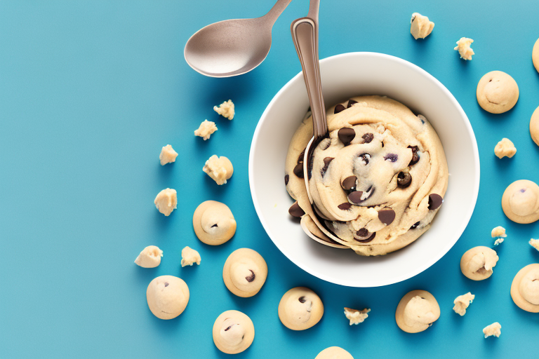 A bowl of freshly-made cookie dough with a spoon and ingredients in the background