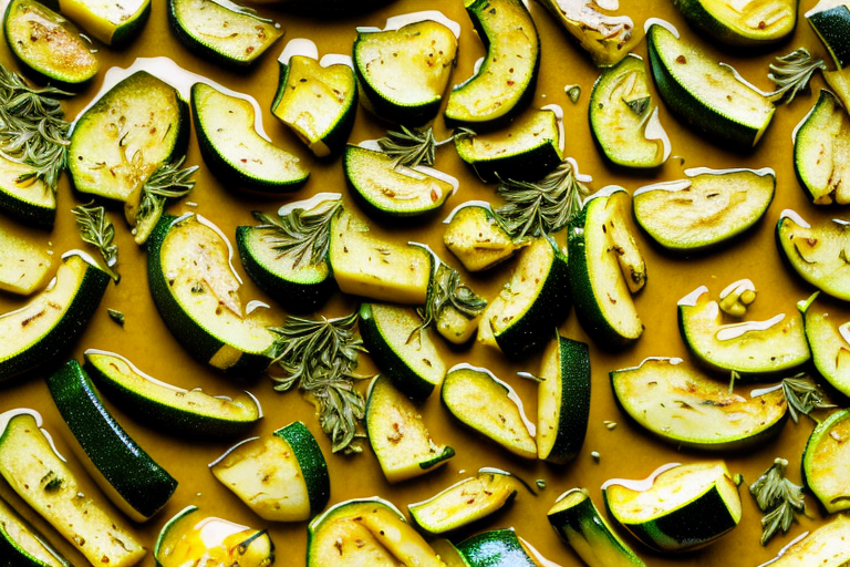 A pan of golden-brown courgettes sautéed in oil and herbs
