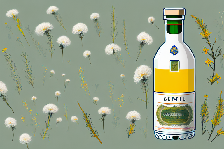 A bottle of genepi surrounded by alpine flowers