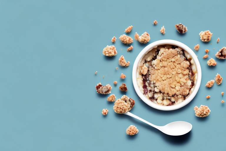 A bowl of crumble topping with a spoon and a rolling pin