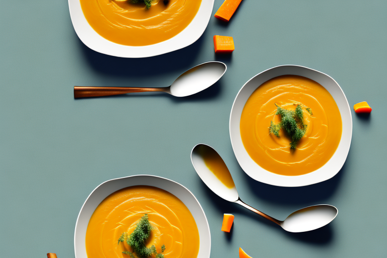A bowl of steaming butternut squash soup with a spoon and a garnish of herbs