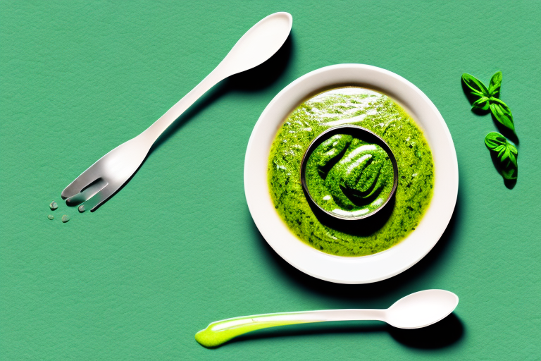 A bowl filled with a vibrant green pesto sauce