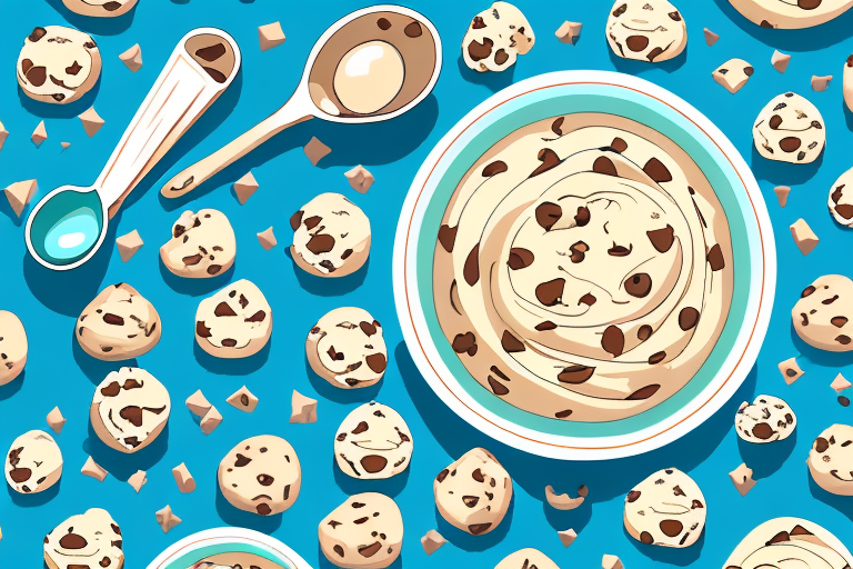 A bowl of cookie dough with a spoon and a few ingredients around it