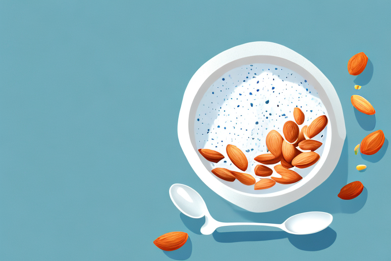 A bowl of almond milk with a spoon and a few almonds scattered around it
