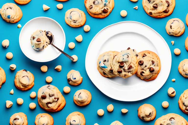 A plate of freshly-baked cookies with a bowl of cookie dough in the background