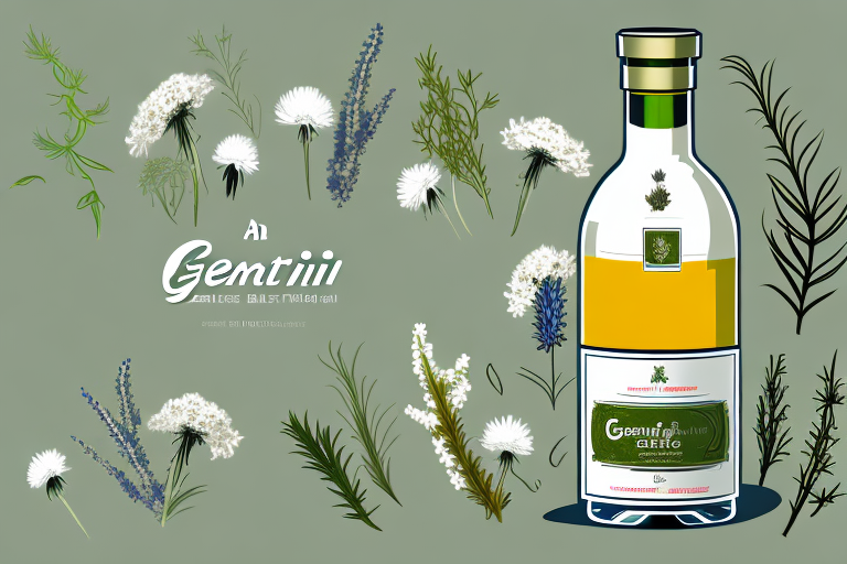 A bottle of genepi with herbs and flowers in the background