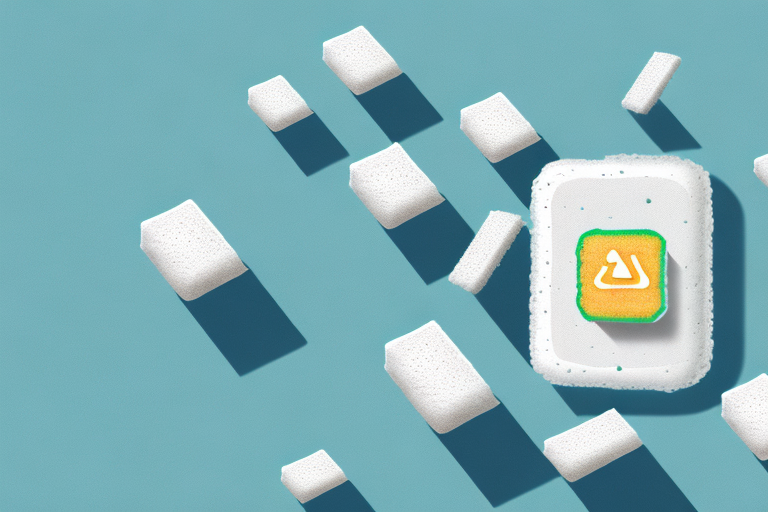 A tablet of dishwasher detergent with a sponge and cloth beside it