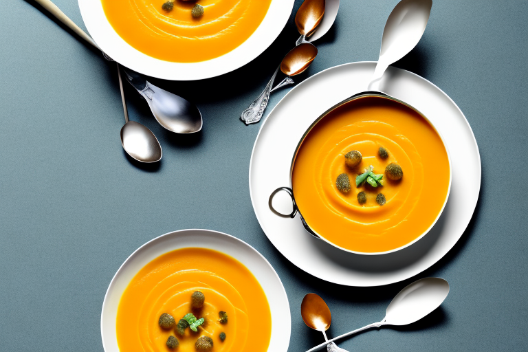 A bowl of steaming butternut squash soup with a spoon and garnish