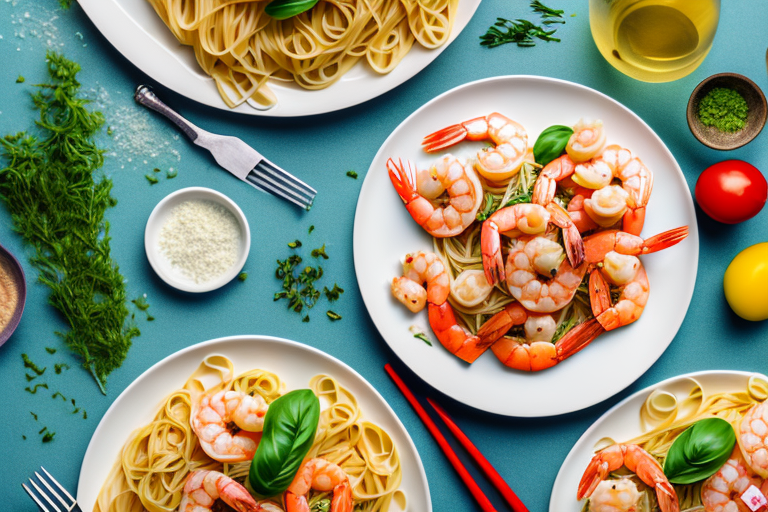 A plate of shrimp and pasta with colorful vegetables and herbs