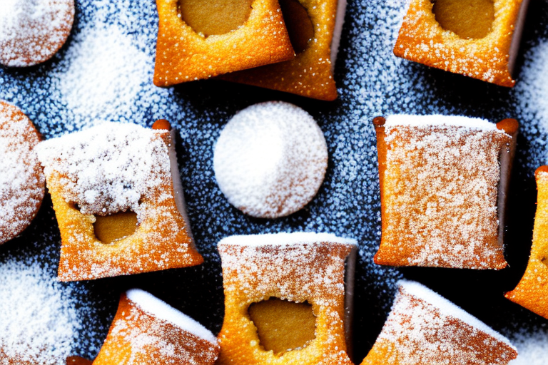 A plate of golden-brown financiers with a dusting of icing sugar