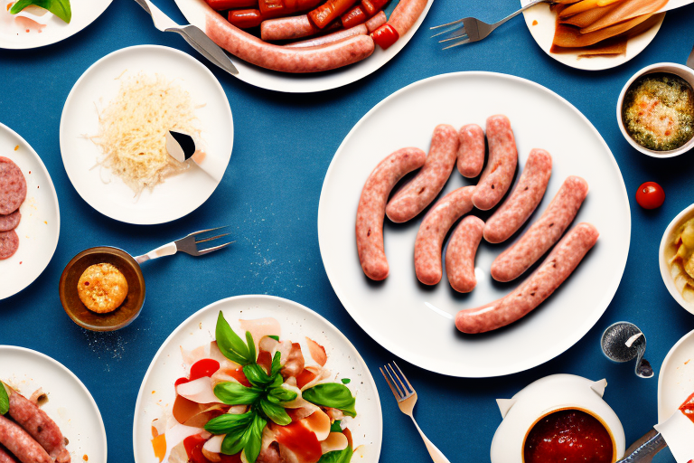 A plate of italian sausage with accompanying side dishes