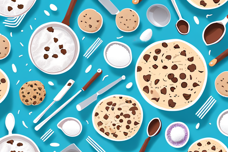 A bowl of cookie dough with ingredients and utensils