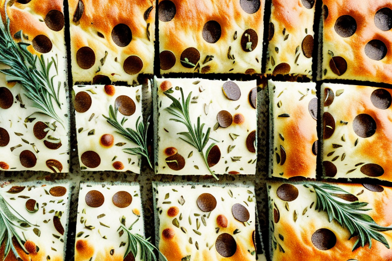 A focaccia bread with herbs and spices sprinkled on top