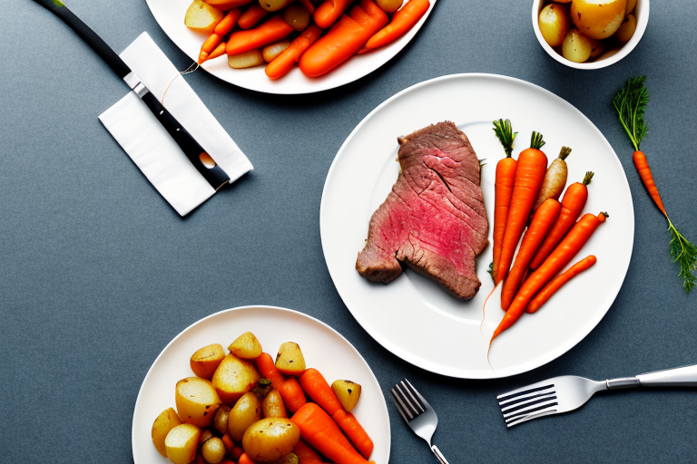 A plate of beef and carrots with a side of potatoes and vegetables