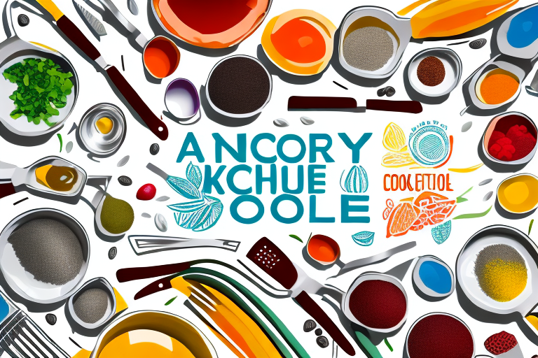 A variety of colorful ingredients and kitchen utensils to represent the variety of recipes available with the cookeo