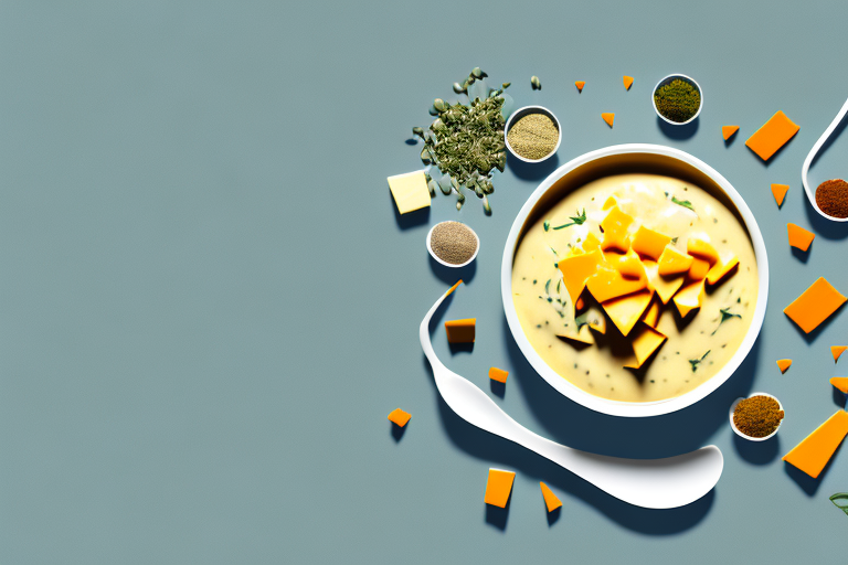 A bowl of creamy cheddar sauce with herbs and spices