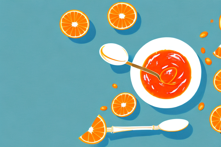A bowl of freshly-made orange jam with a spoon in it